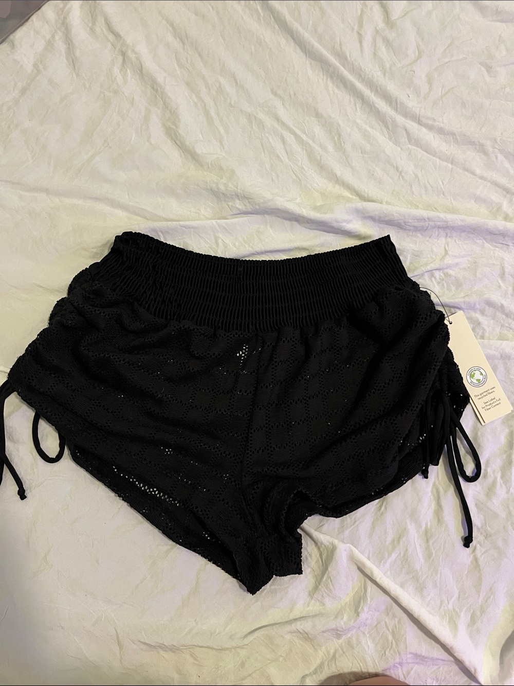 Women's Black Eyelet Athletic Shorts with Smocked Waist